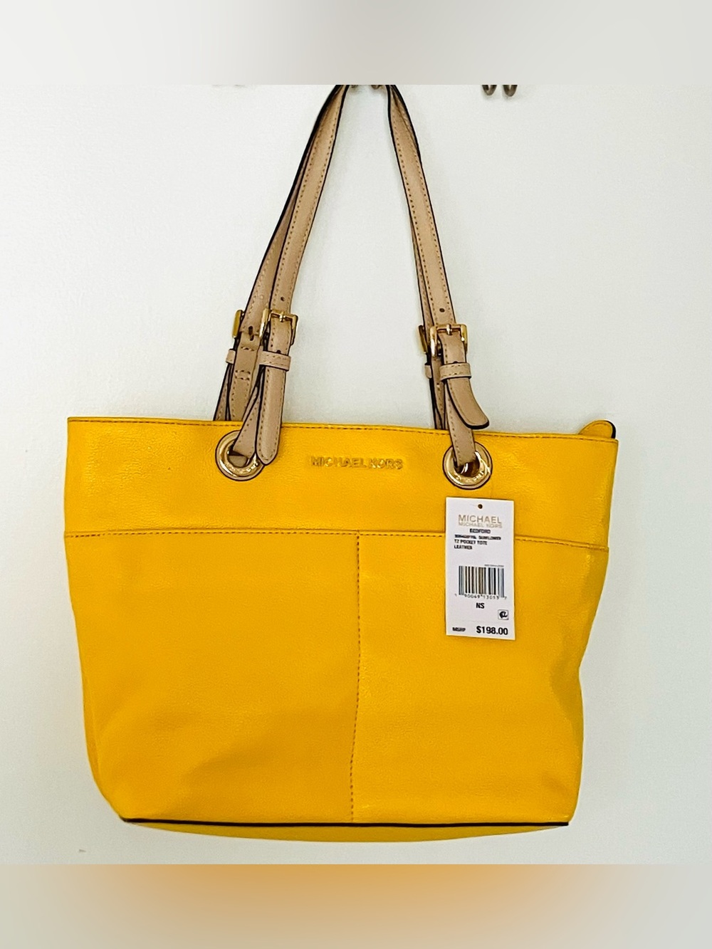 Michael Kors Bedford Sunflower Yellow Top Zip Pocket Handbag Tote Purse NEW